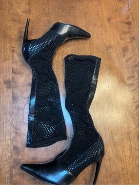 Colin Stuart Black Mesh Knee-High Pointed-Toe Stiletto Boots